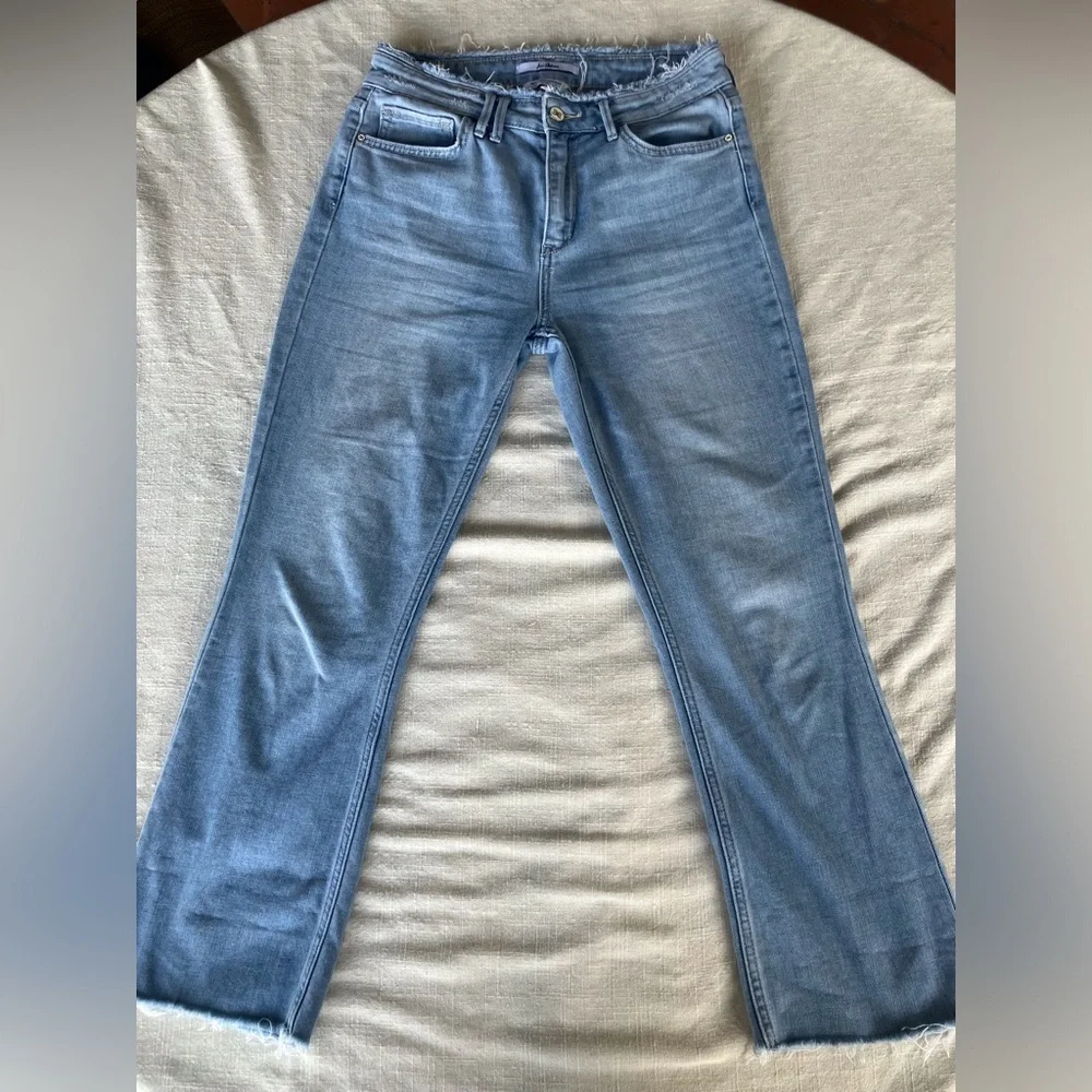 Sam Edelman Blue stiletto crop boot hi rise fringe jeans fade